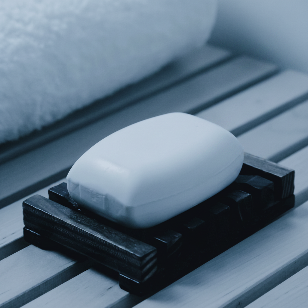 Bar of soap on a wooden soap dish with a towel in the background